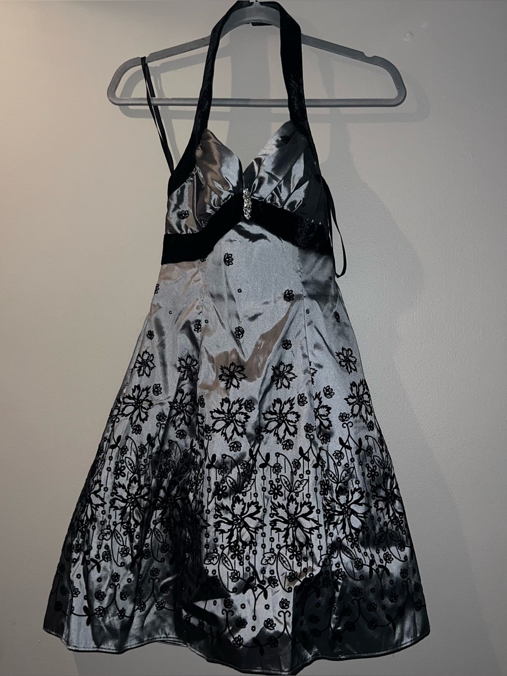 Size 4 Halter Style Roberta Bridal Black and Silver Satin Dress w/Crystal Broach